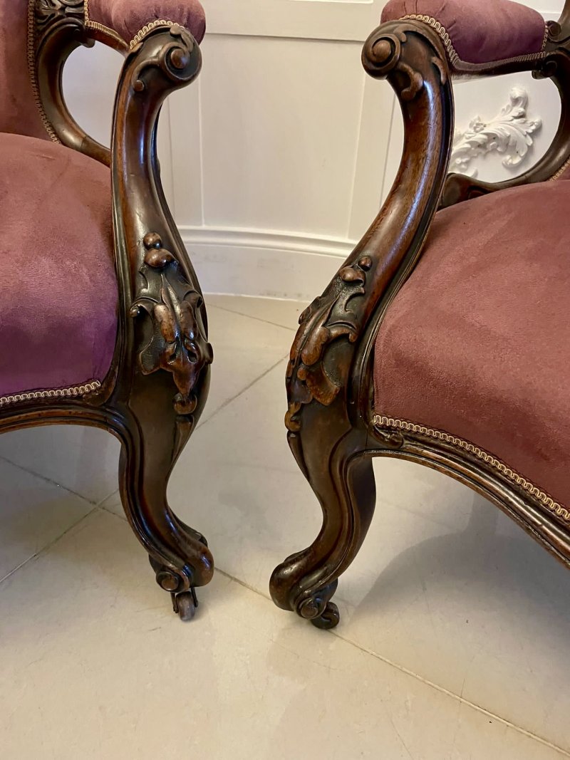 Unusual Pair of Antique Victorian Quality Carved Walnut Armchairs - Image 9